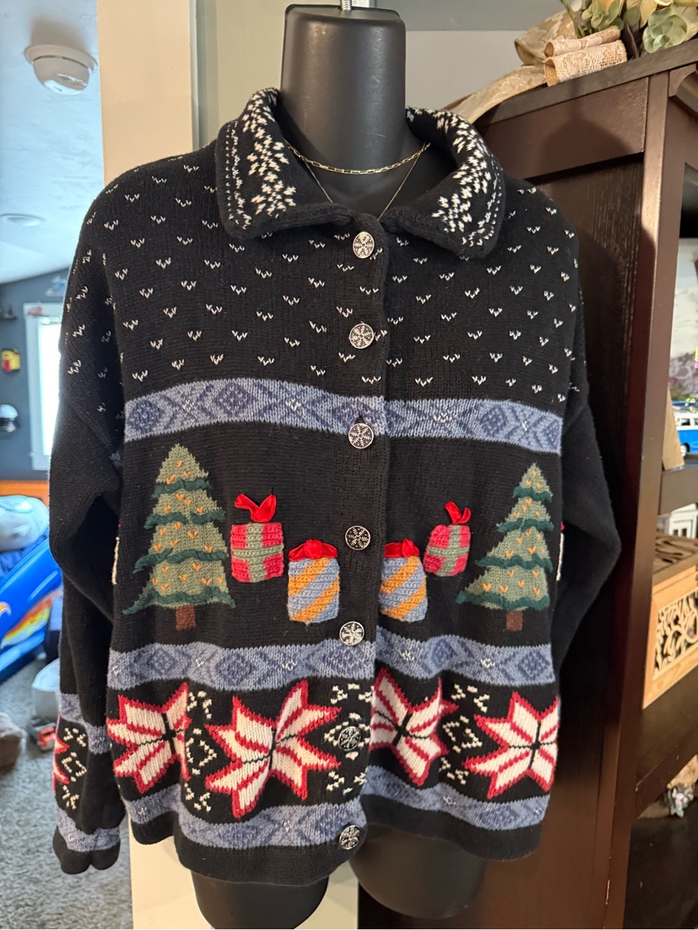 Vintage Northcrest Black Holiday Christmas Cardigan with Green Trees & Red Gifts